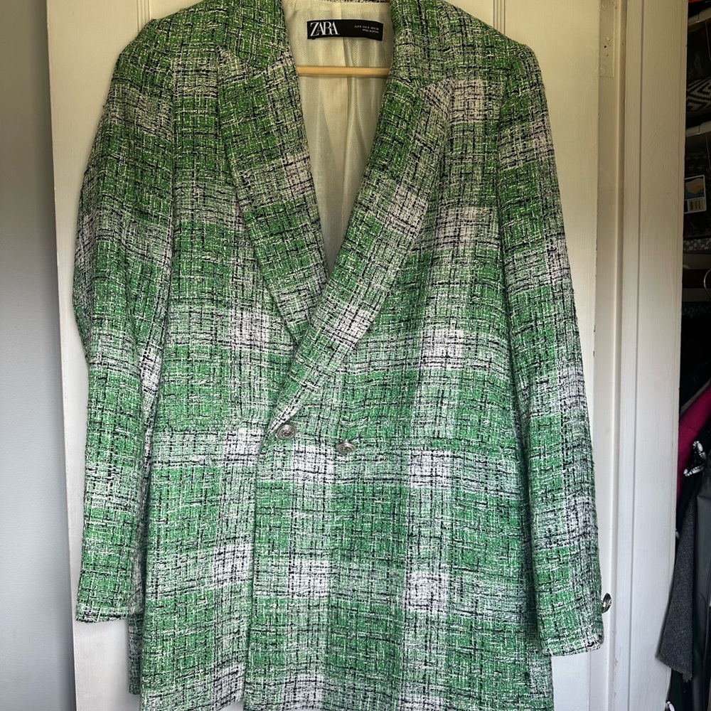 Zara Textured Green and White Blazer